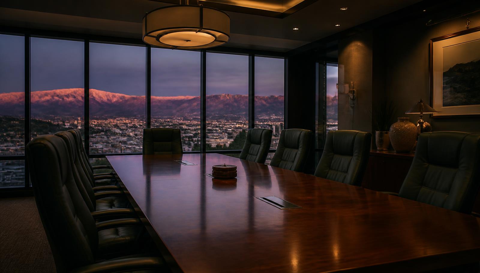 Executive boardroom at dusk overlooking the Albuquerque skyline and the Sandia Mountains